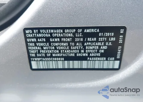 2013 Volkswagen Passat 2.5L Se from USA, damaged, VIN 1VWBP7A33DC093636